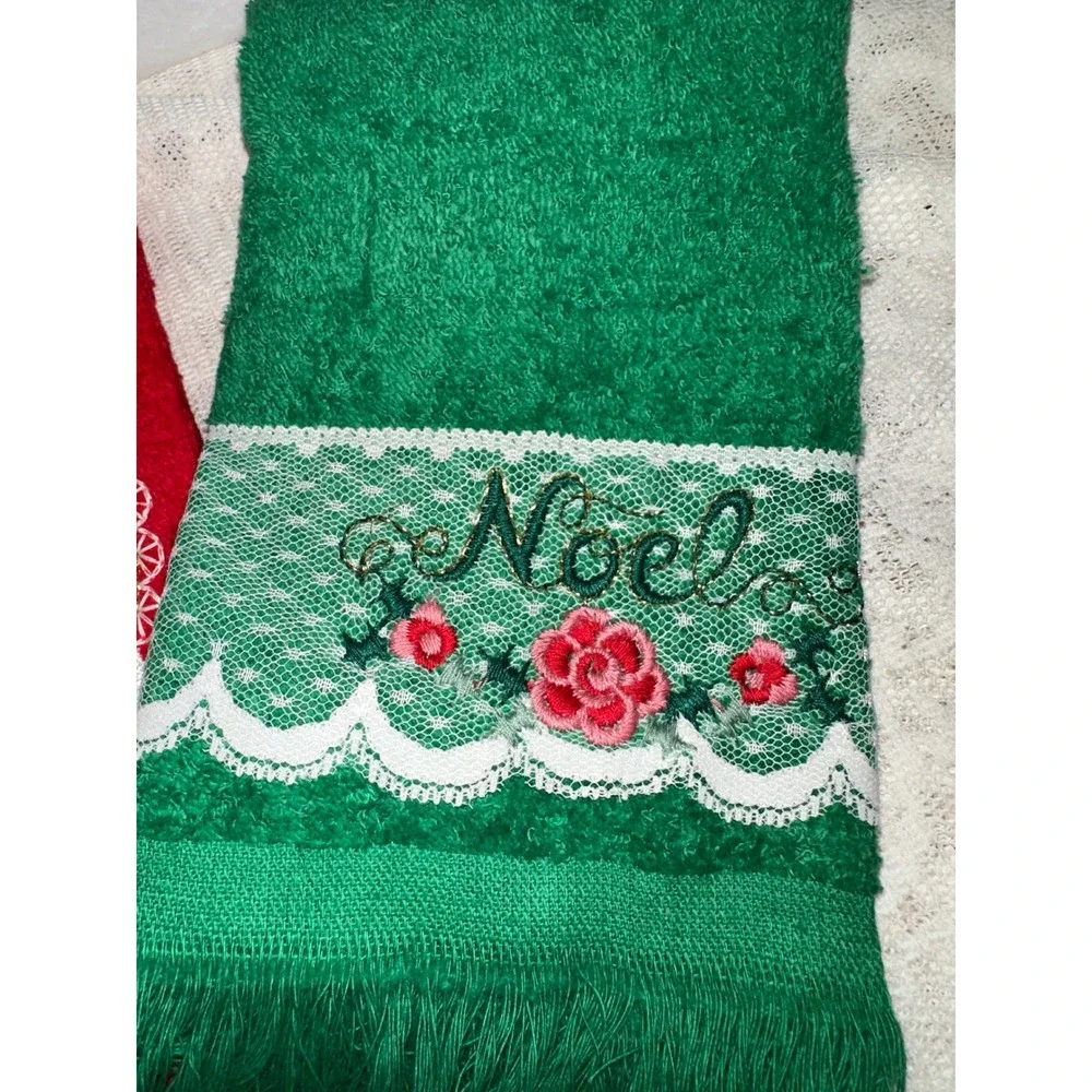 Christmas Towels Embroidered Joy Noel‎ Bells Red Green Set of 3